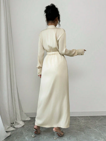 Women's Solid Color Long Sleeve Casual Shirt Dress, Lapel Collar, Elegant Style, Spring And Autumn