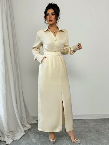 Women's Solid Color Long Sleeve Casual Shirt Dress, Lapel Collar, Elegant Style, Spring And Autumn