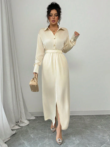 Women's Solid Color Long Sleeve Casual Shirt Dress, Lapel Collar, Elegant Style, Spring And Autumn