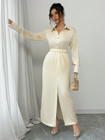 Women's Solid Color Long Sleeve Casual Shirt Dress, Lapel Collar, Elegant Style, Spring And Autumn