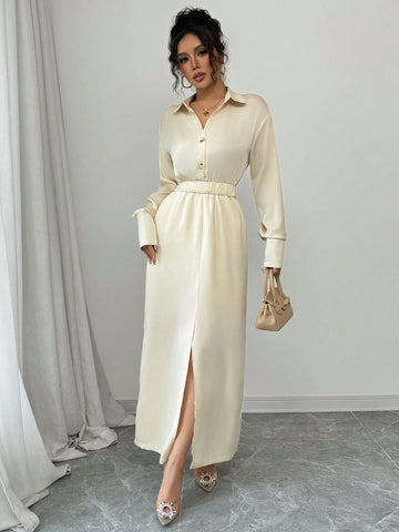 Women's Solid Color Long Sleeve Casual Shirt Dress, Lapel Collar, Elegant Style, Spring And Autumn