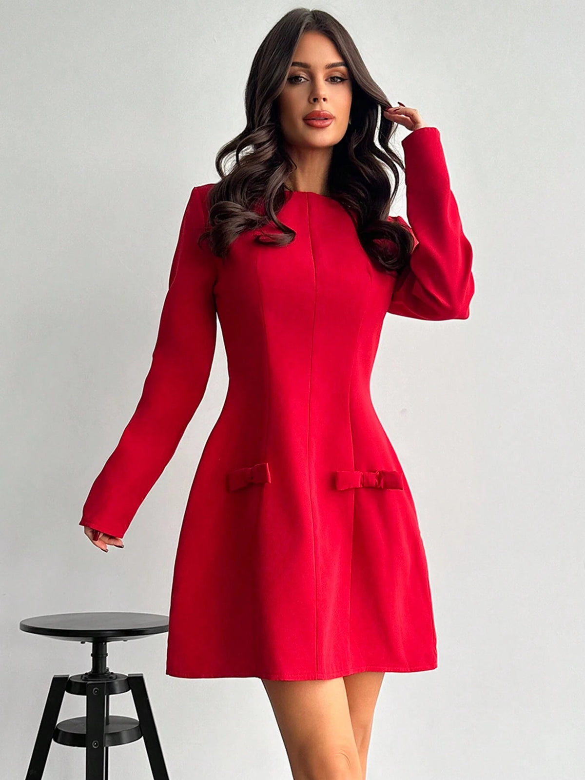 Women's Solid Color Long Sleeve Pocket Plain Casual Short Dress