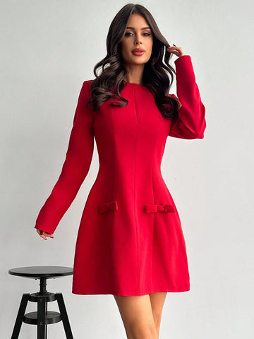 Women's Solid Color Long Sleeve Pocket Plain Casual Short Dress