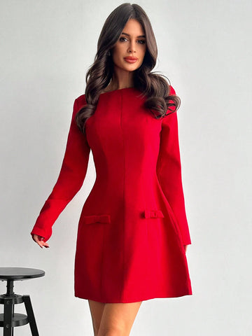 Women's Solid Color Long Sleeve Pocket Plain Casual Short Dress