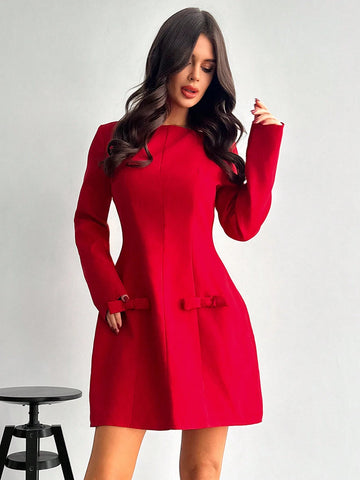 Women's Solid Color Long Sleeve Pocket Plain Casual Short Dress