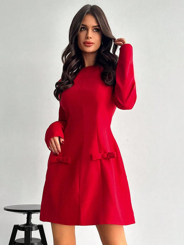 Women's Solid Color Long Sleeve Pocket Plain Casual Short Dress