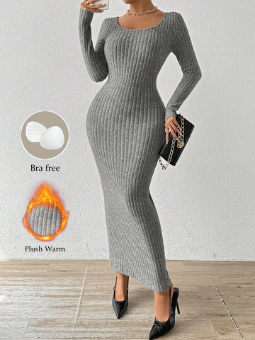 Women's Solid Color Maxi Fitted Dress With Chest Pads, Autumn/Winter