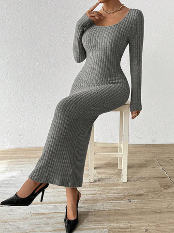 Women's Solid Color Maxi Fitted Dress With Chest Pads, Autumn/Winter