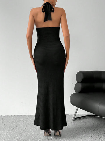 Women's Solid Color Mermaid Hem Halter Neck Dress