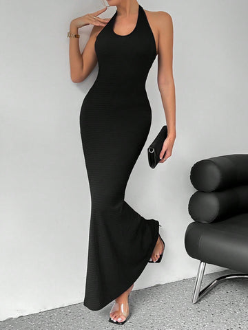 Women's Solid Color Mermaid Hem Halter Neck Dress