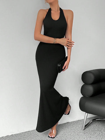Women's Solid Color Mermaid Hem Halter Neck Dress
