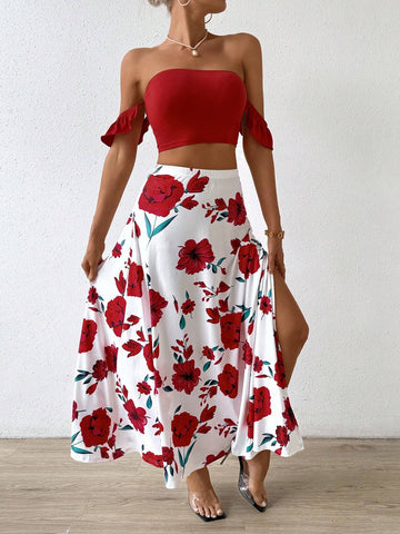 Women's Solid Color Off Shoulder Crop Top And Floral Print Skirt Set