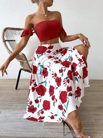 Women's Solid Color Off Shoulder Crop Top And Floral Print Skirt Set