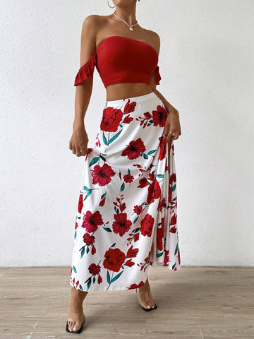 Women's Solid Color Off Shoulder Crop Top And Floral Print Skirt Set