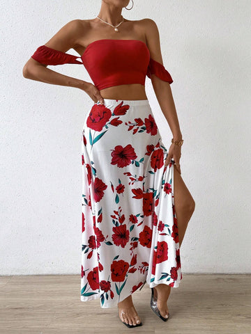 Women's Solid Color Off Shoulder Crop Top And Floral Print Skirt Set