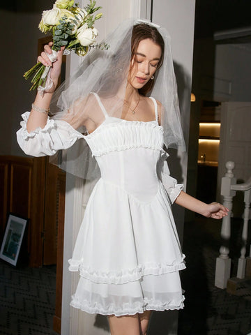 Women's Solid Color Off Shoulder Ruffle Hem Spaghetti Strap Dress