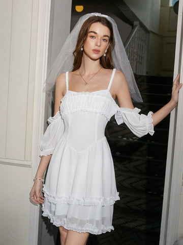 Women's Solid Color Off Shoulder Ruffle Hem Spaghetti Strap Dress