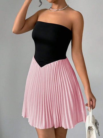 Women's Solid Color Patchwork Tube Top Minimalist Casual Elegant Dress