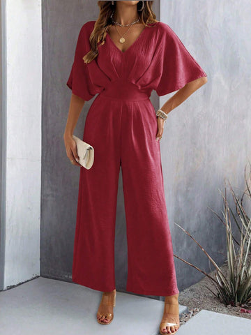 Women's Solid Color Pleated Batwing Short Sleeve Jumpsuit