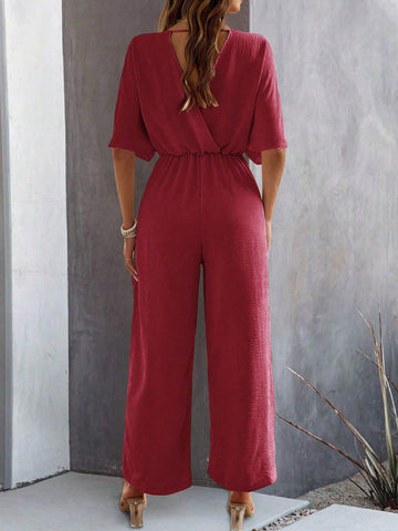 Women's Solid Color Pleated Batwing Short Sleeve Jumpsuit