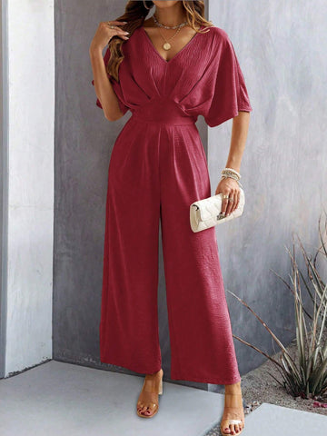 Women's Solid Color Pleated Batwing Short Sleeve Jumpsuit