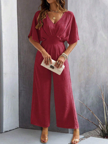 Women's Solid Color Pleated Batwing Short Sleeve Jumpsuit