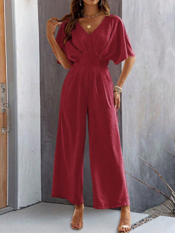 Women's Solid Color Pleated Batwing Short Sleeve Jumpsuit