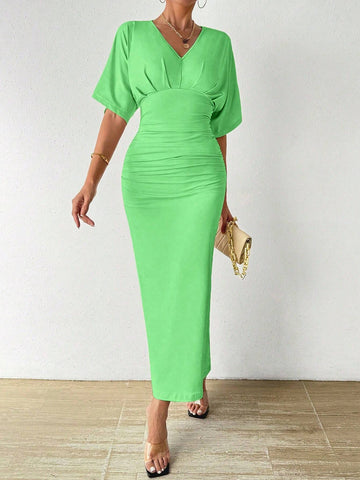 Women's Solid Color Pleated Batwing Sleeve Dress With Drawstring Waist