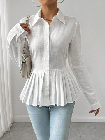 Privé Women's Solid Color Pleated Hem Elegant Long Sleeve Blouse, Spring & Fall