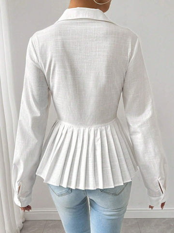 Privé Women's Solid Color Pleated Hem Elegant Long Sleeve Blouse, Spring & Fall