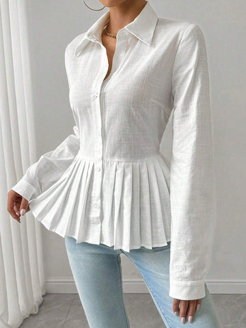 Privé Women's Solid Color Pleated Hem Elegant Long Sleeve Blouse, Spring & Fall