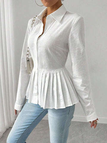 Privé Women's Solid Color Pleated Hem Elegant Long Sleeve Blouse, Spring & Fall