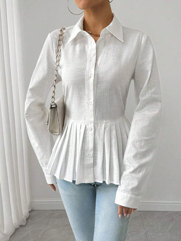 Privé Women's Solid Color Pleated Hem Elegant Long Sleeve Blouse, Spring & Fall