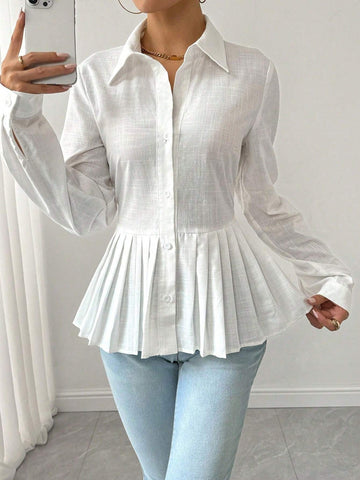 Privé Women's Solid Color Pleated Hem Elegant Long Sleeve Blouse, Spring & Fall