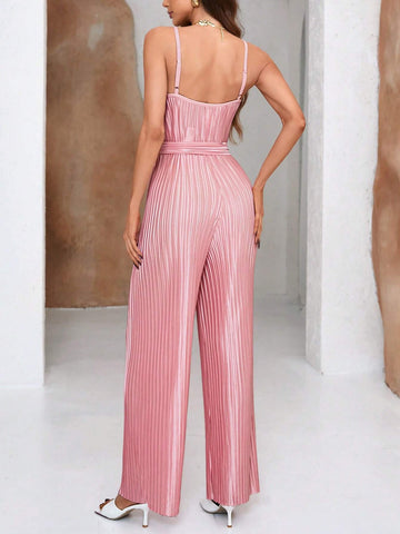 Women's Solid Color Pleated Wide Leg Jumpsuit With Straps