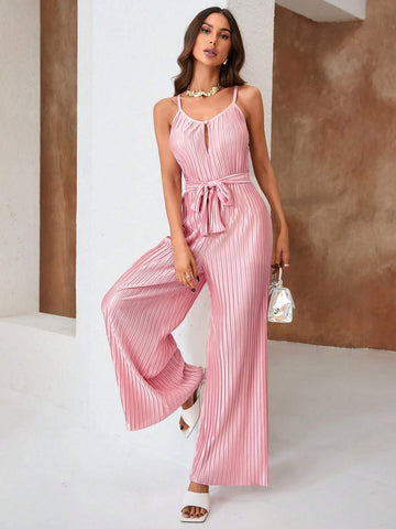 Women's Solid Color Pleated Wide Leg Jumpsuit With Straps