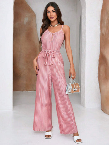 Women's Solid Color Pleated Wide Leg Jumpsuit With Straps