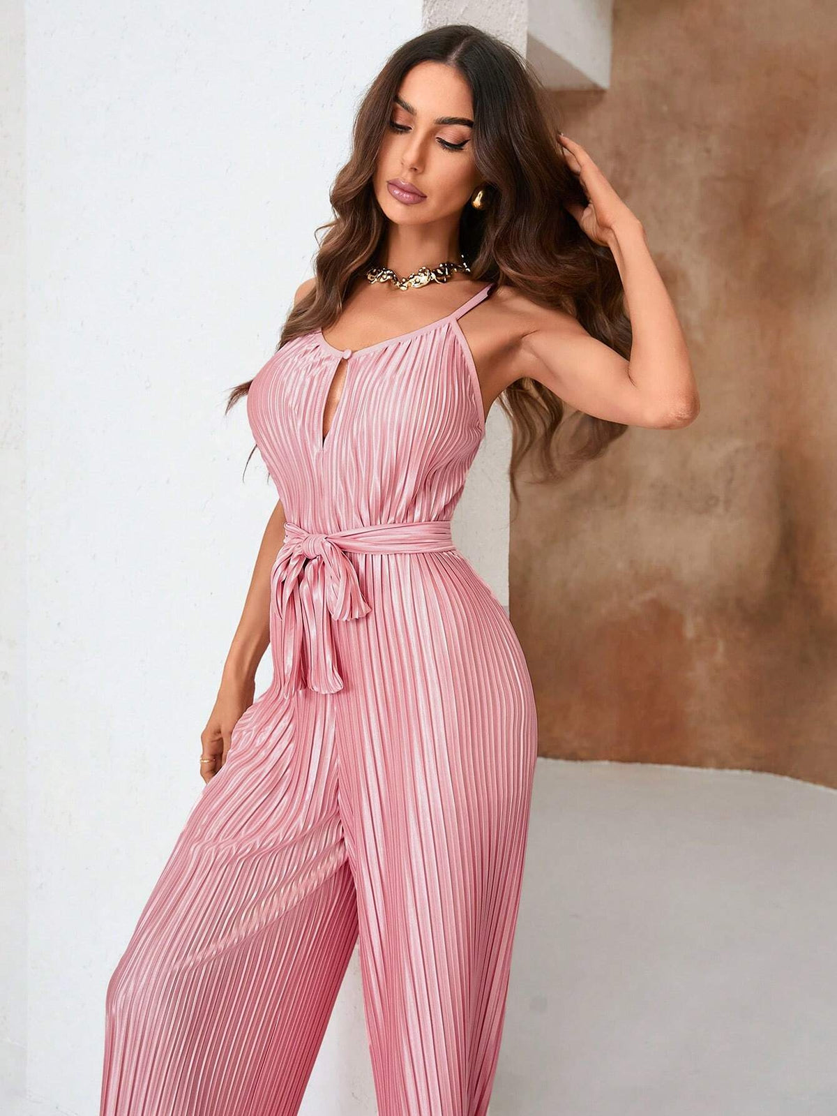 Women's Solid Color Pleated Wide Leg Jumpsuit With Straps