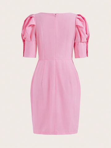 Women's Solid Color Puff Sleeve Front Button Dress