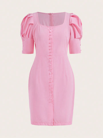 Women's Solid Color Puff Sleeve Front Button Dress