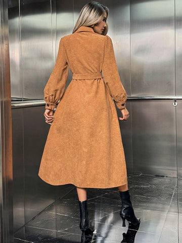 Women's Solid Color Puffed Sleeve Single Breasted Casual Shirt Dress, Autumn