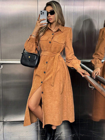 Women's Solid Color Puffed Sleeve Single Breasted Casual Shirt Dress, Autumn