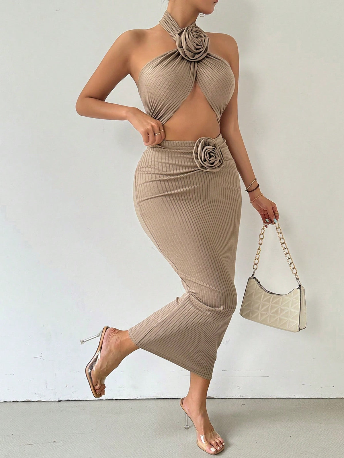 Women's Solid Color Ribbed Knit Slim Fit Two-Piece Set With 3d Flower Decoration