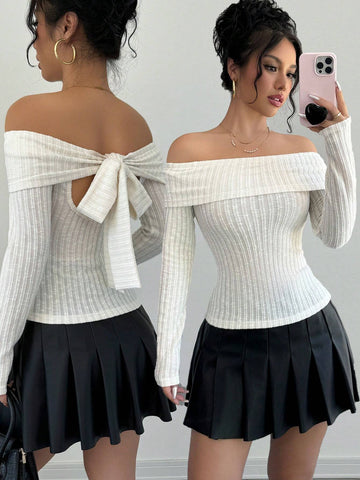 Women's Solid Color Ribbed Off-Shoulder Long Sleeve Backless Bow T-Shirt, Spring & Fall