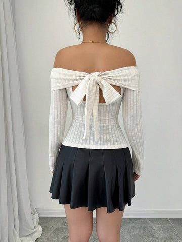 Women's Solid Color Ribbed Off-Shoulder Long Sleeve Backless Bow T-Shirt, Spring & Fall