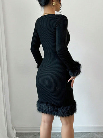 Women's Solid Color Round Neck Faux Fur Plush Patchwork Long Sleeve Dress
