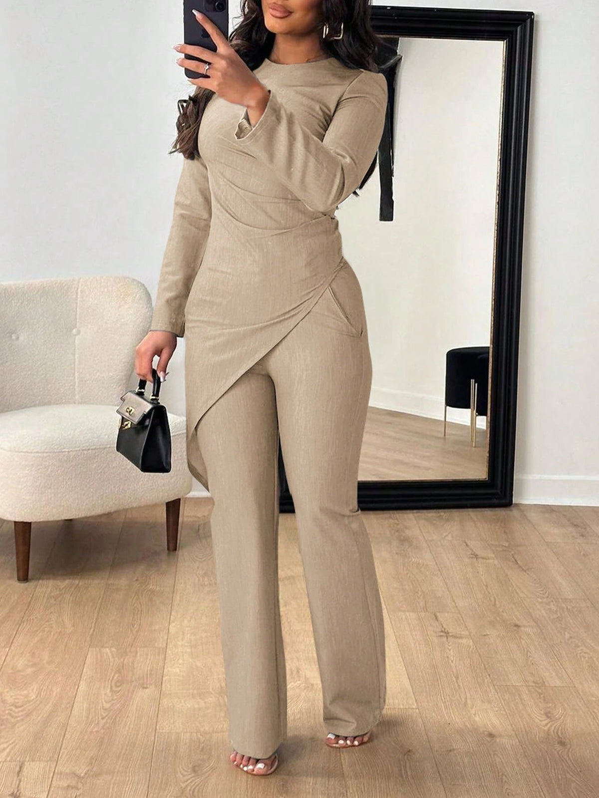 Women's Solid Color Round Neck Long Sleeve Asymmetric Hem Top And Pants Casual 2 Piece Set, Autumn