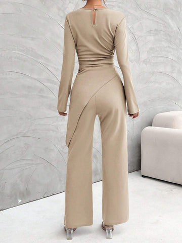 Women's Solid Color Round Neck Long Sleeve Asymmetric Hem Top And Pants Casual 2 Piece Set, Autumn