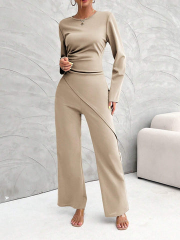Women's Solid Color Round Neck Long Sleeve Asymmetric Hem Top And Pants Casual 2 Piece Set, Autumn