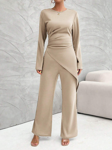 Women's Solid Color Round Neck Long Sleeve Asymmetric Hem Top And Pants Casual 2 Piece Set, Autumn
